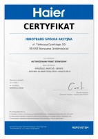 Certyfikat autoryzowanego instalatora HAIER
