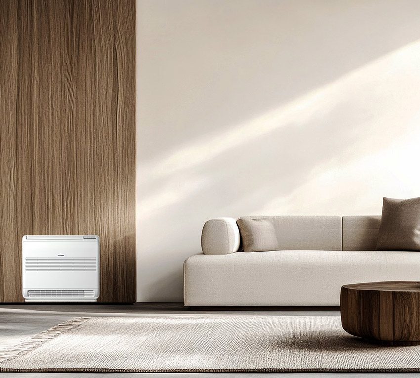 Klimatyzator przypodłogowy Toshiba BI-FLOW pod oknem sposób działania