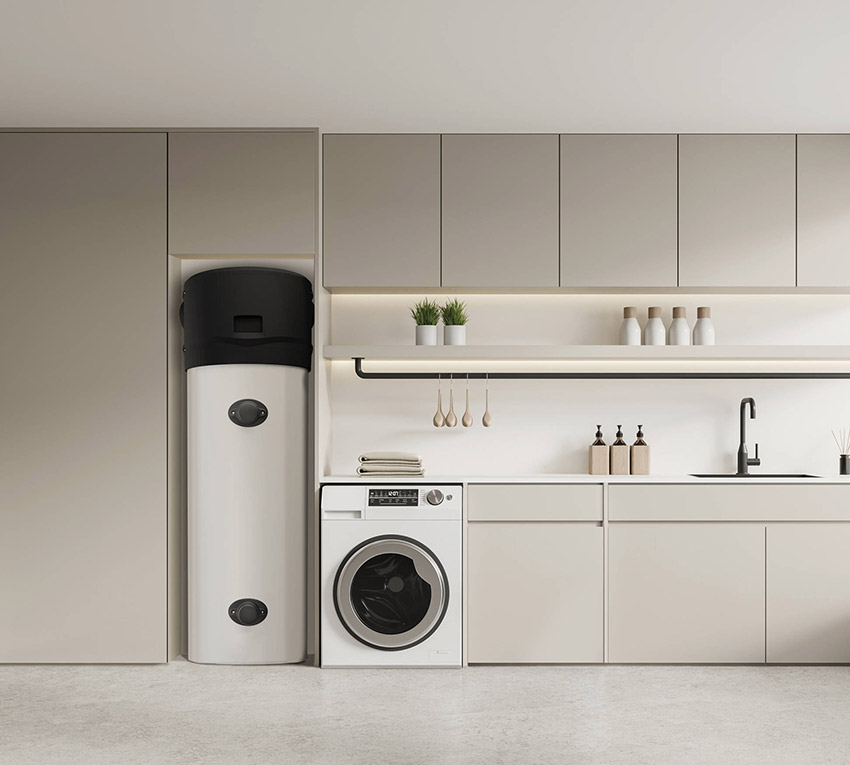 Podłogowa pompa ciepła Panasonic Aquarea DHW 260 l w pomieszczeniu technicznym