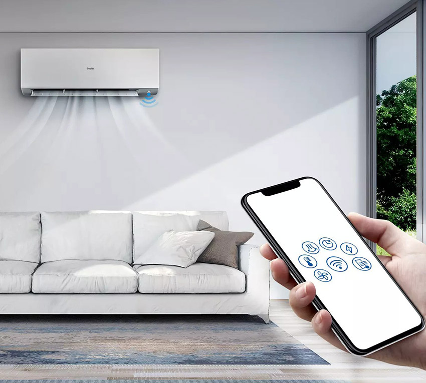 Ilustracja zdalnego sterowania klimatyzatorem Haier za pomocą smartfona
