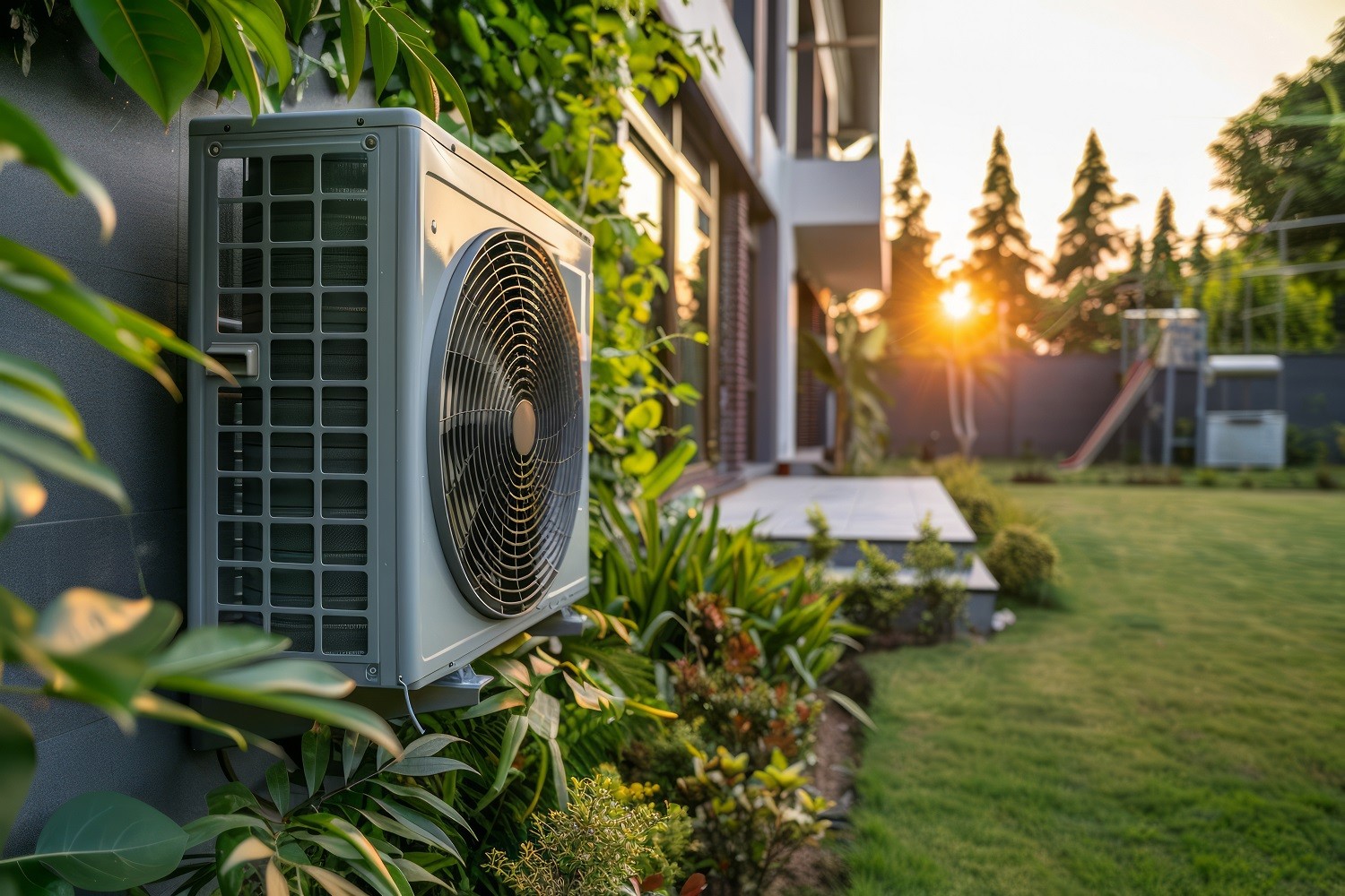 Jednostka zewnętrzna klimatyzatora zamontowana przy elewacji domu jednorodzinnego.
