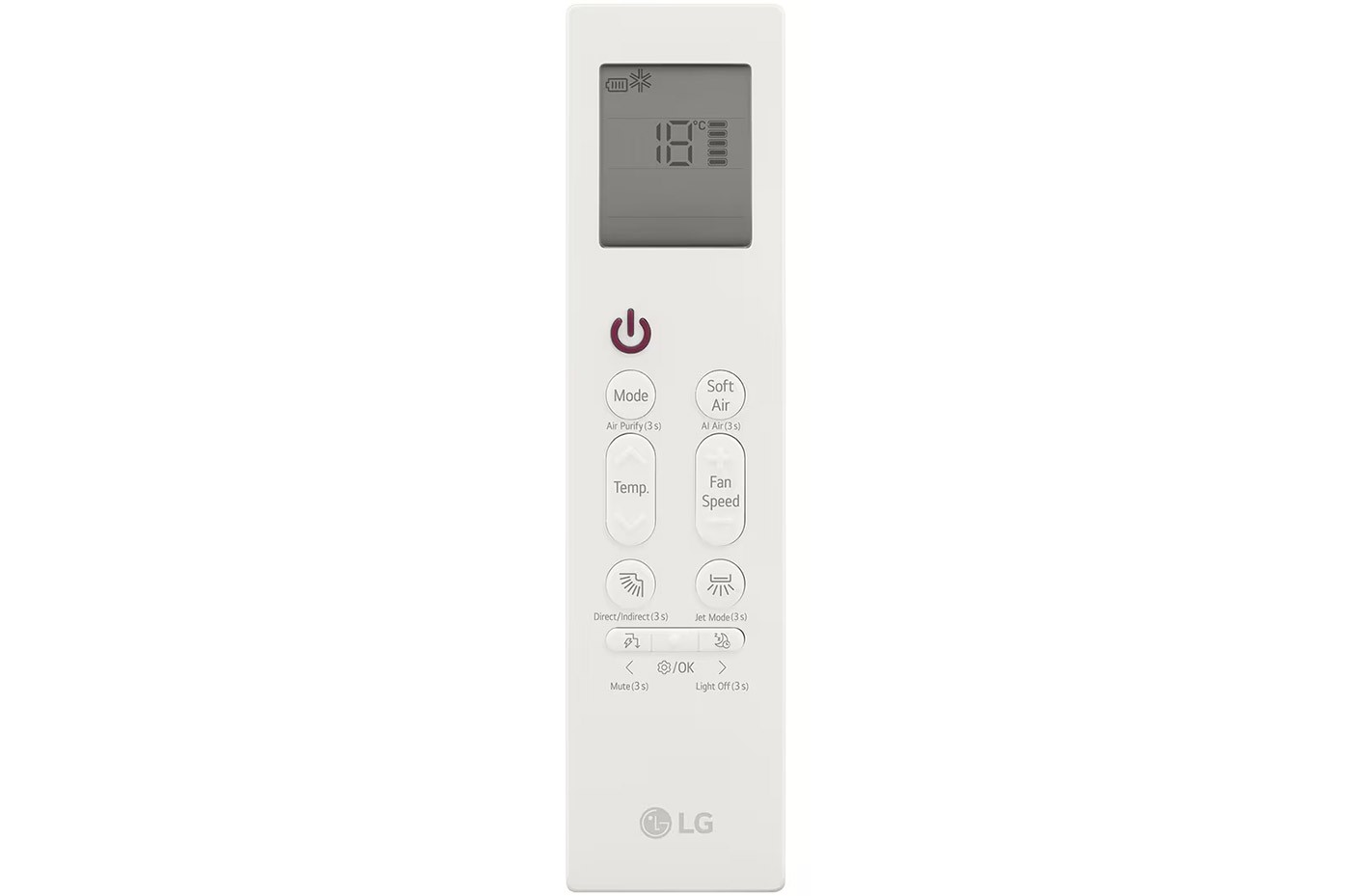 Biały pilot LG z przyciskami Soft Air, temperatury, wentylatora i kierunku nawiewu
